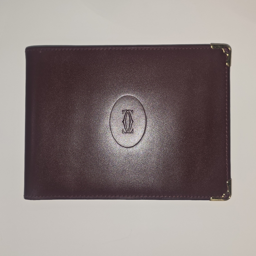 Authentic CARTIER Wallet Mast Must Leather Bordeaux C2 Bi -fold Men Women